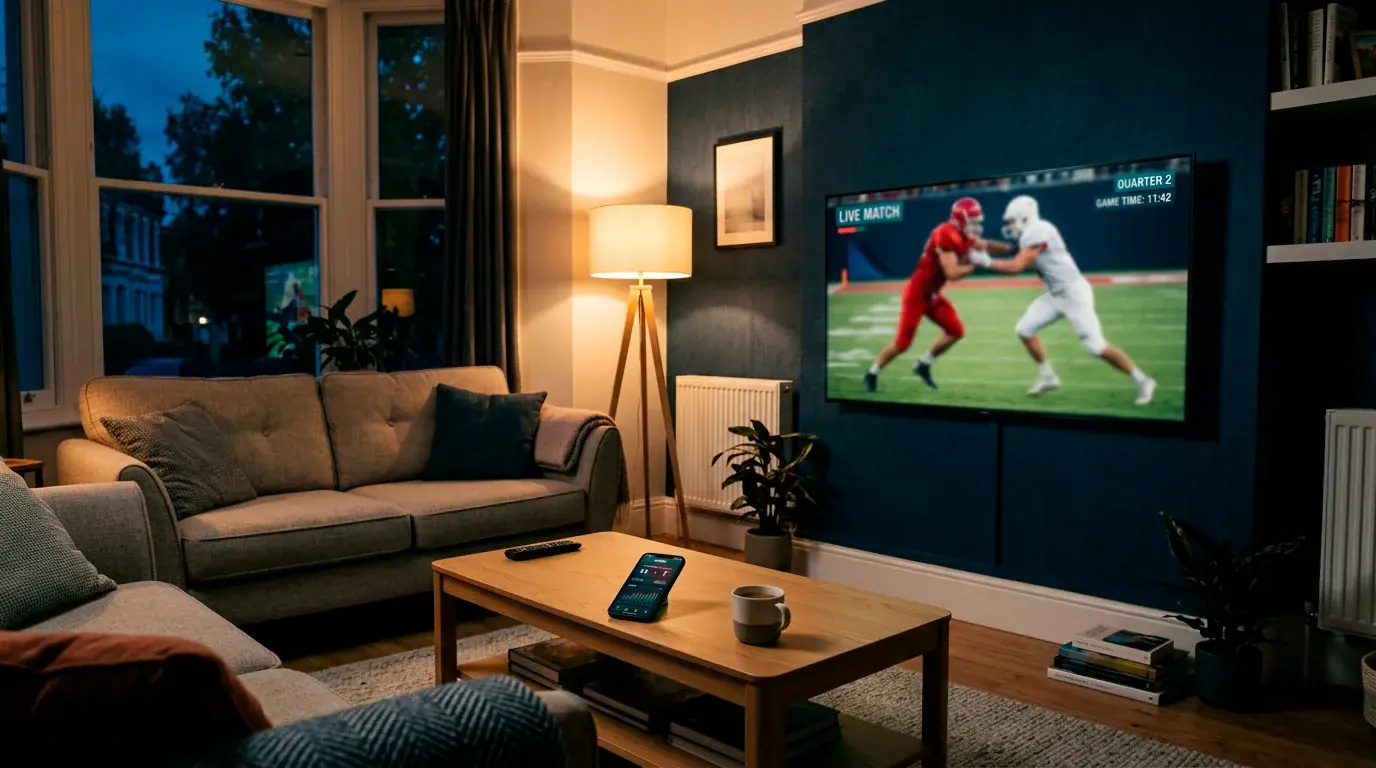 A British home setup with multiple screens showing an NFL Sunday broadcast and a sportsbook app open on a phone