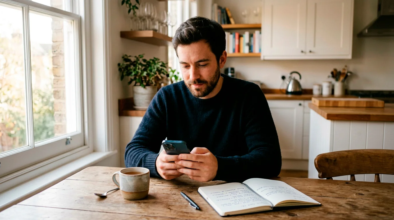 A person sitting at a kitchen table reviewing a sportsbook account on a phone in a calm domestic setting